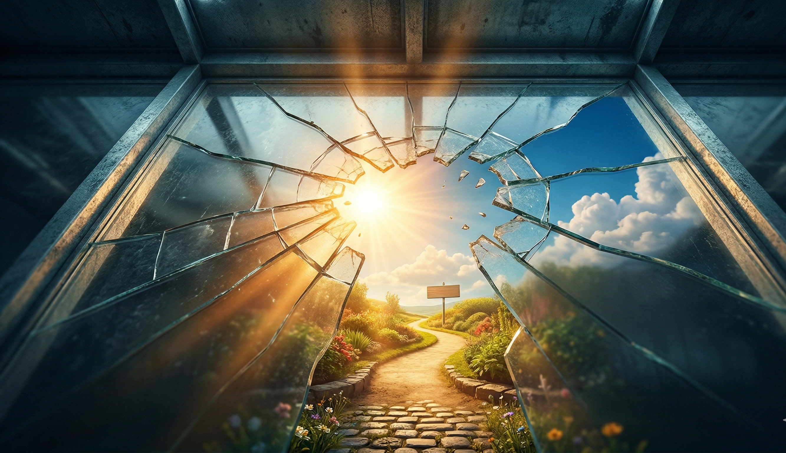 Breaking through barriers — a path from darkness into sunlight through shattered glass